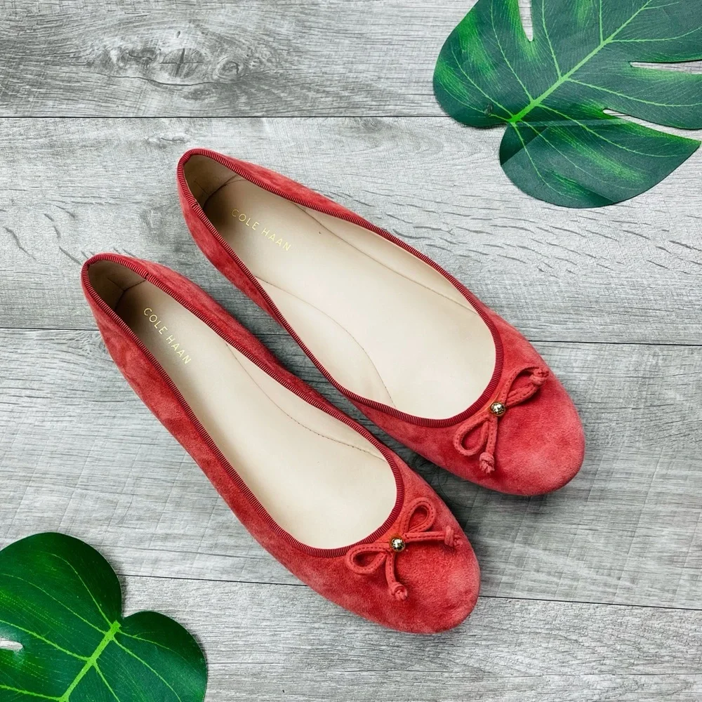 COLE HAAN BLUSH PINK RED SUEDE BOW FLATS